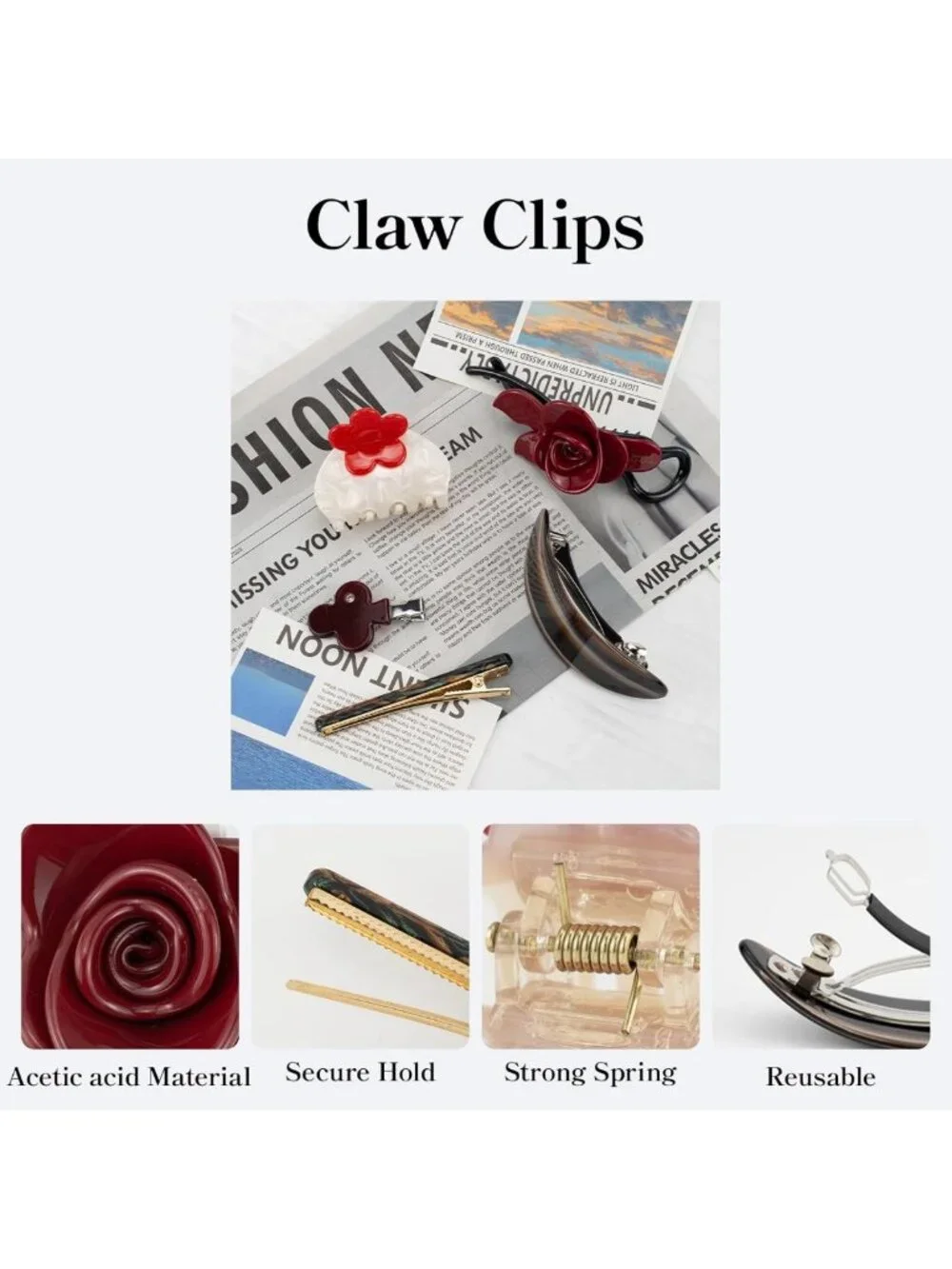 5Pcs Rose Flower Hair Clip Set - Strong Hold Claw Clips for All Hair Types